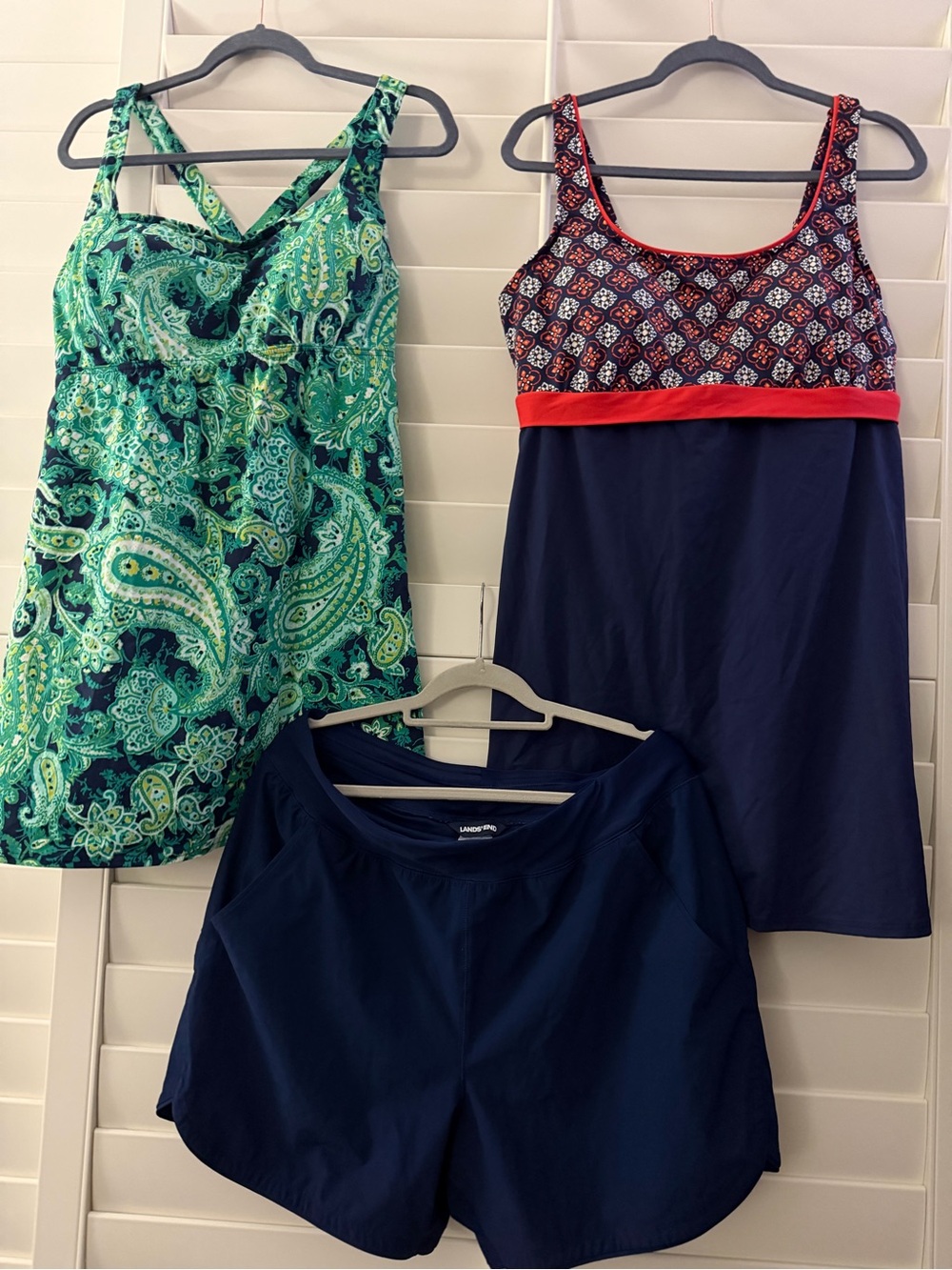 Lands End Navy & Green / Navy & Coral Patterned Swim Tanks with Navy Swim Shorts